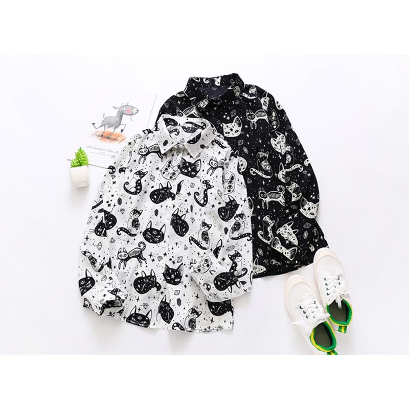 Camisas de mujer de otoño y primavera, blusas con estampado de gato de dibujos animados en blanco y negro, camisas de gasa ajustadas de moda de manga larga para mujer