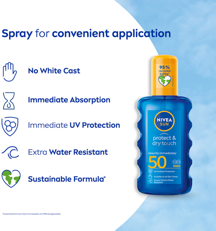 Protetor solar em spray invisível NIVEA SUN Protect & Dry Touch FPS 50