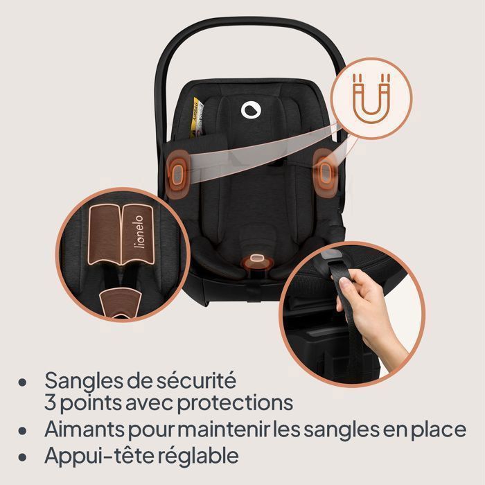 Silla de coche para bebé LIONELO Moxie i-Size - Portabebés de 40-87 cm - Tejido de bambú natural - Ligera - 0-13 kg - Grupo 0+ - Negra