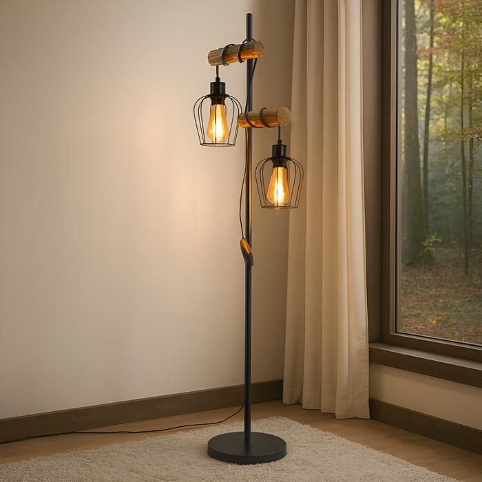 Vloerlamp - NETTLIFE - 2 metalen en houten lampen - E27 - Hoogte 151 cm - Zwart