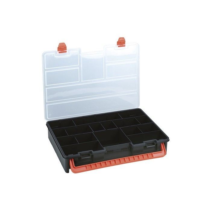 Caja organizadora profesional con 23 compartimentos extraíbles, color negro y naranja, 44,3 x 31,7 x 8 cm, INTEC