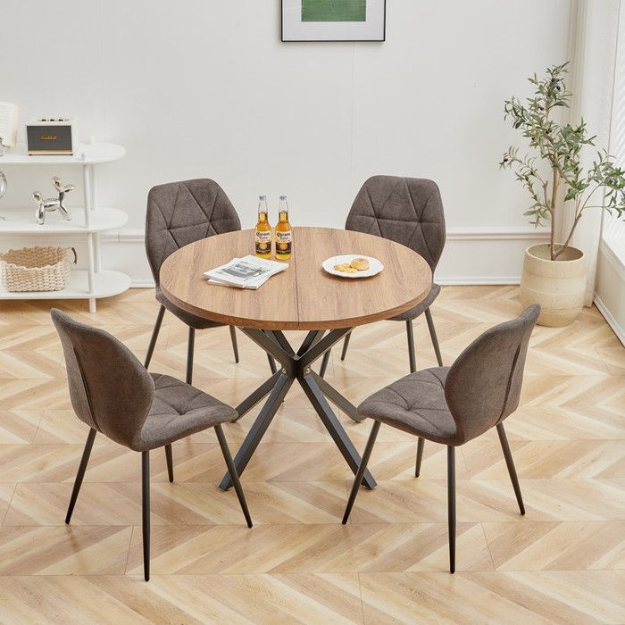 Silla vintage de lino con forma de diamante, juego de 4 sillas marrones - Patas de metal - Ergonómica