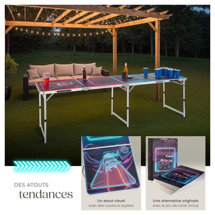 Mesa de beer pong - TECTAKE - BEER WARS I Mesa con iluminación LED, fabricada en aluminio, con 100 vasos, 6 pelotas y una baraja de cartas.