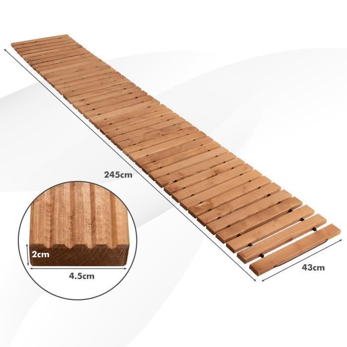 Camino de jardín de madera enrollable COSTWAY de 245 cm, resistente a la intemperie, 43 x 4,5 cm, con alambre de acero y textura antideslizante para patio.