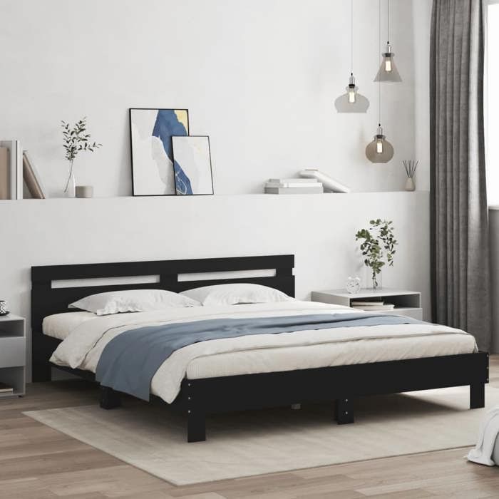 vidaXL Cadre de Lit avec Tête de Lit et LED, Lit Double avec Sommier à Lattes, Lit Adulte de Chambre, Noir 160x200 cm Bois 3207533