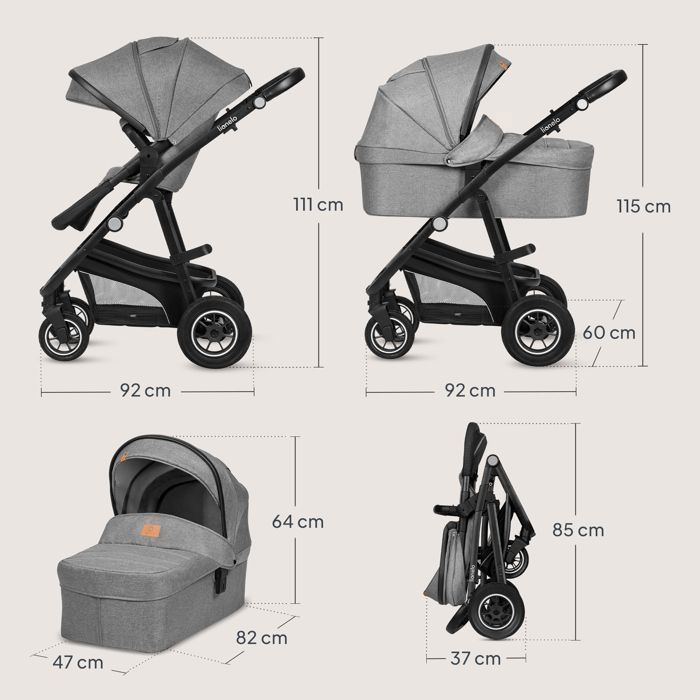 LIONELO Bianka 3-in-1 kinderwagen - Tot 22 kg - Kinderwagen, reiswieg, autostoeltje, tas en accessoires - Grijs