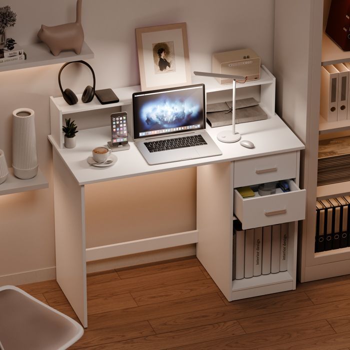 Mondeer Computertisch mit Ablagefächern und 2 Schubladen, 105 x 94 x 48 cm – Weiß