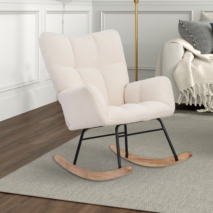 Mecedora, mecedora con forro polar Sherpa, silla de lactancia, con patas de madera maciza, blanca.