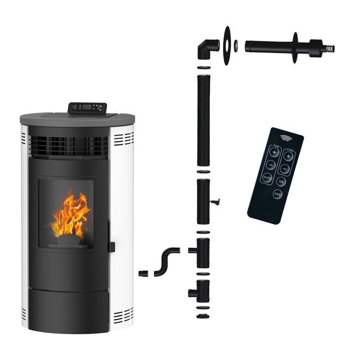 Estufa de pellets sellada Flavia de 15 kW, blanca, Sannover + Kit de instalación completo