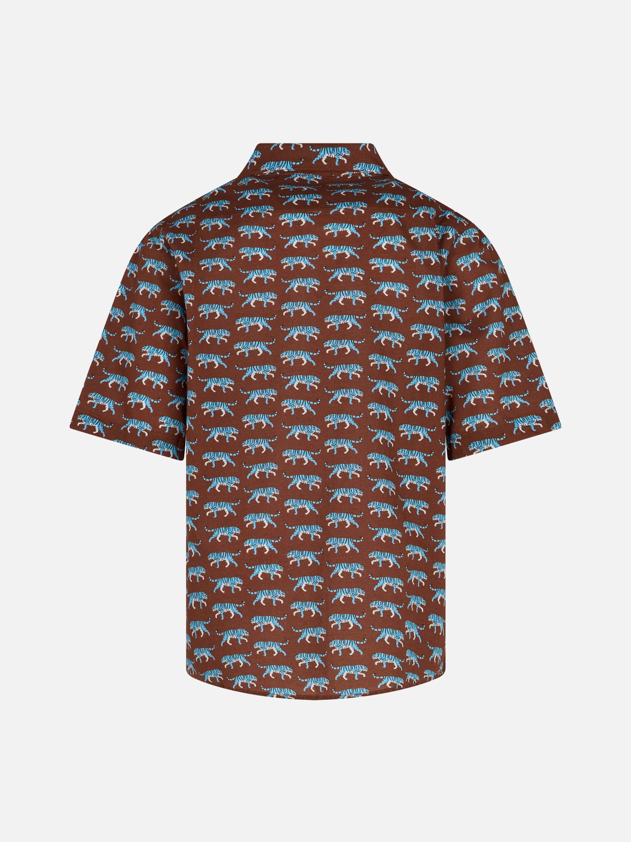 Camicia in mussola di cotone marrone da bambino Sharouk con stampa tig