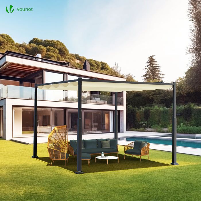 Pérgola retráctil VOUNOT® de 3x3 m en metal y tejido de poliéster de alta densidad de 180 g/m², color beige.