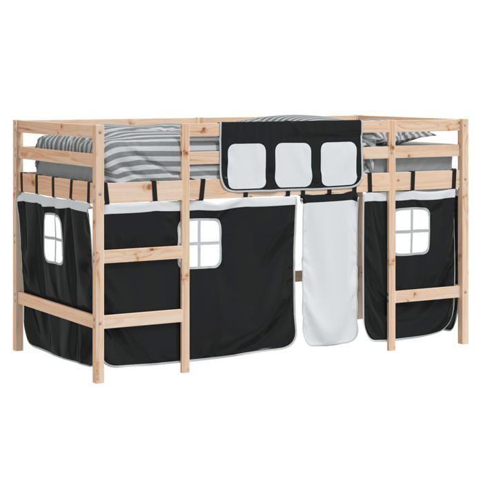 Cama alta infantil vidaXL con cortinas, cama elevada para niños con escalera, mueble de almacenamiento para dormitorio, estilo moderno, color blanco.