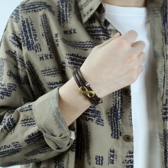 Bracelet homme en cuir - ORGANGONFAND - Marron - Acier au titane - Multicouche - Cadeau anniversaire
