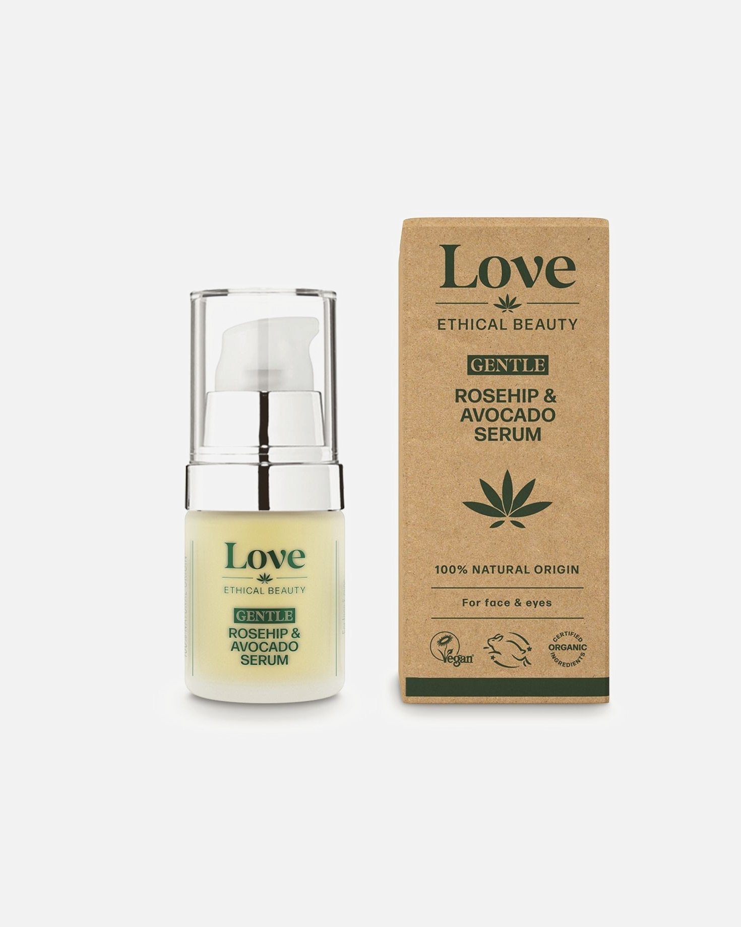 Vlažilni serum Love Ethical Beauty z nežnim šipkom in avokadom - 20 ml