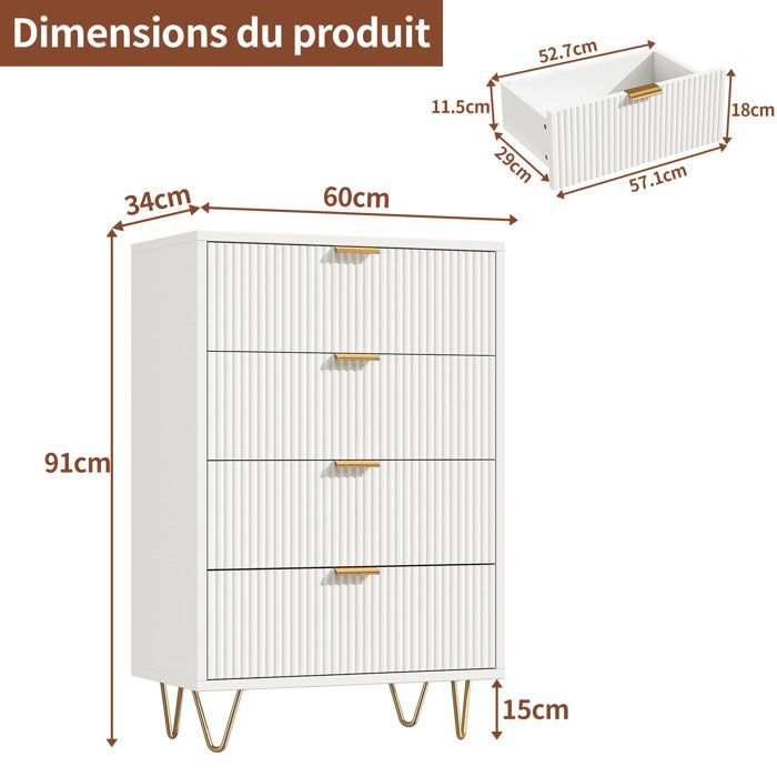 Commode met 4 lades - LEWW - Scandinavisch design - Slaapkamercommode - 60x34x91 cm - Wit