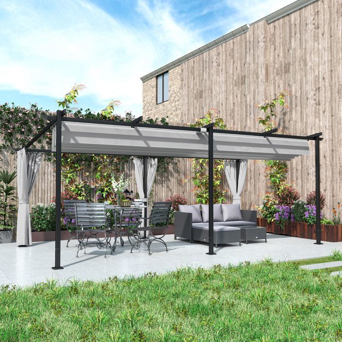 Pérgola de jardín exterior de 3 x 6 m - Outsunny - Techo corredizo retráctil - Paneles laterales - Protección solar UPF30+ - Gris