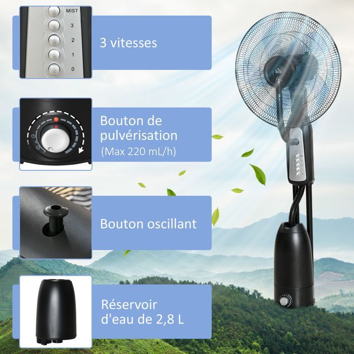Ventilador nebulizador silencioso - HOMCOM - con ruedas, 3 velocidades, oscilación de 70°, cabezal inclinable, depósito de agua de 2,8 L - 120 cm - negro
