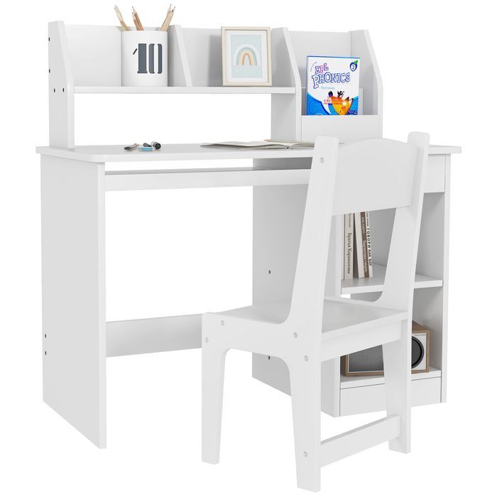 Scrivania per bambini con sedia - ZONEKIZ - vassoio estraibile per tastiera, cassetto, ripiani a giorno e nicchie - 90 x 45 x 90 cm - bianca