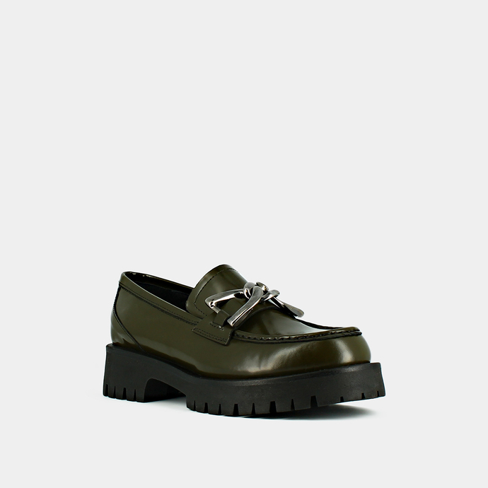 Mocassins à talons plats et mords  en cuir glacé kaki
