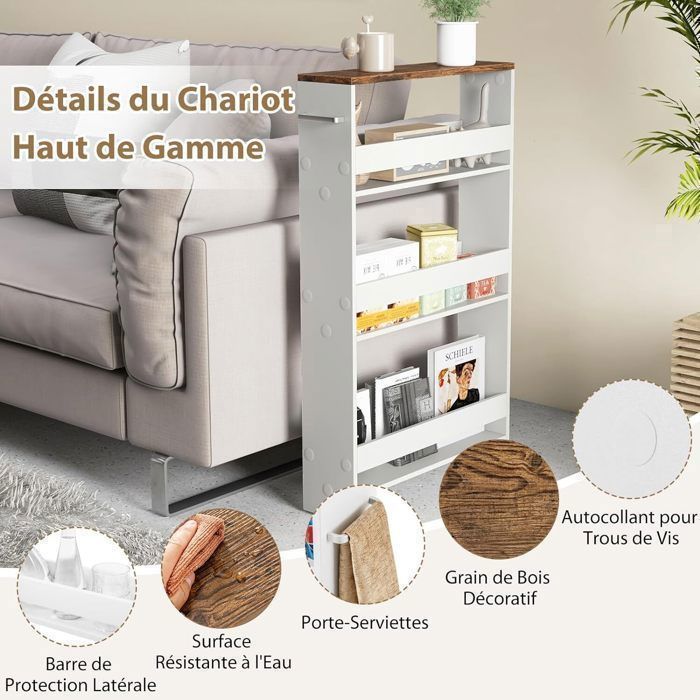 GIANTEX Desserte de Cuisine Étroit à Roulettes avec Freins-47,5x13x80,5cm-Chariot de Service à 4 Niveaux avec Poignée-Blanc