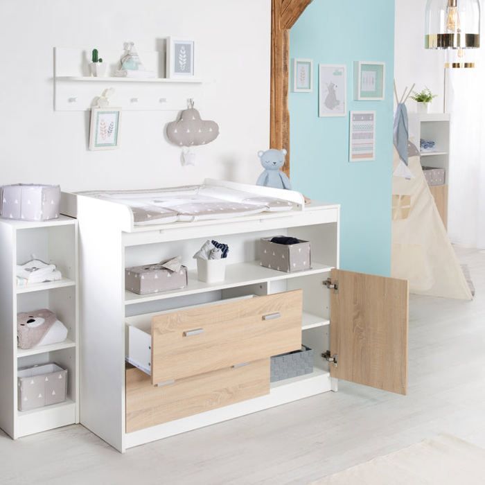Conjunto completo para habitación infantil Gabriella ROBA: cuna convertible de 70x140 cm + cambiador + armario de 3 puertas - Blanco / Roble aserrado