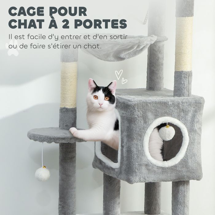 Arbre à chat - tour de jeux pour chats - PawHut - griffoir et poteaux en sisal,  2 niches, plateformes - hauteur 165 cm - gris