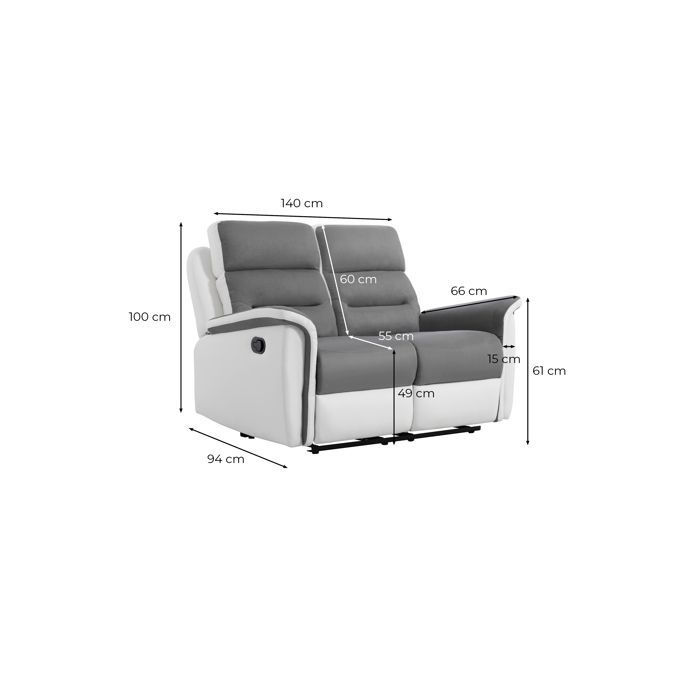 Sofá reclinable de 2 plazas LÉON en microfibra y piel sintética - Gris y negro - LOUNGITUDE