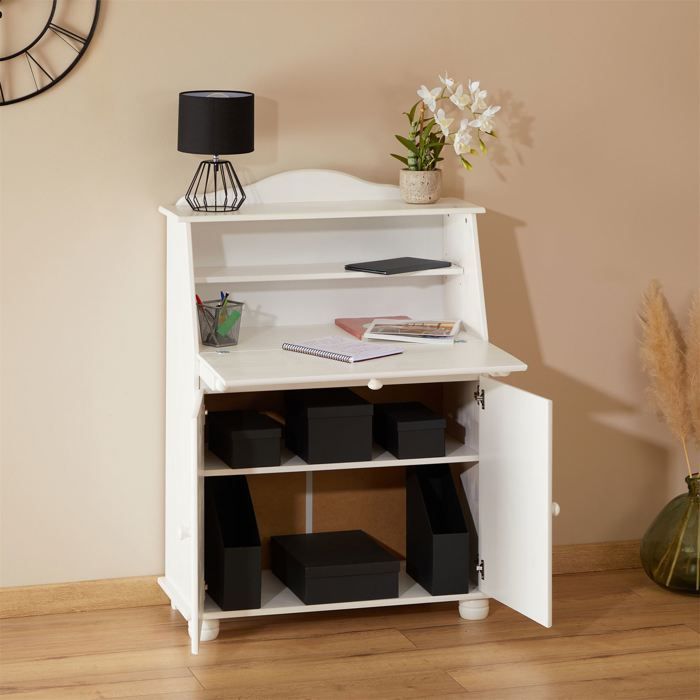 DAVID secretary desk with drop-front storage, multiple shelves, 2 doors and fold-down worktop in solid white-stained pine