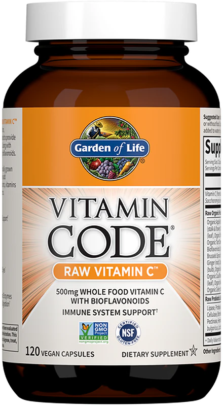 Cápsulas de suplemento alimentar de vitamina C RAW da Garden of Life Vitamin Code para fortalecer o sistema imunológico, a pele e as unhas.