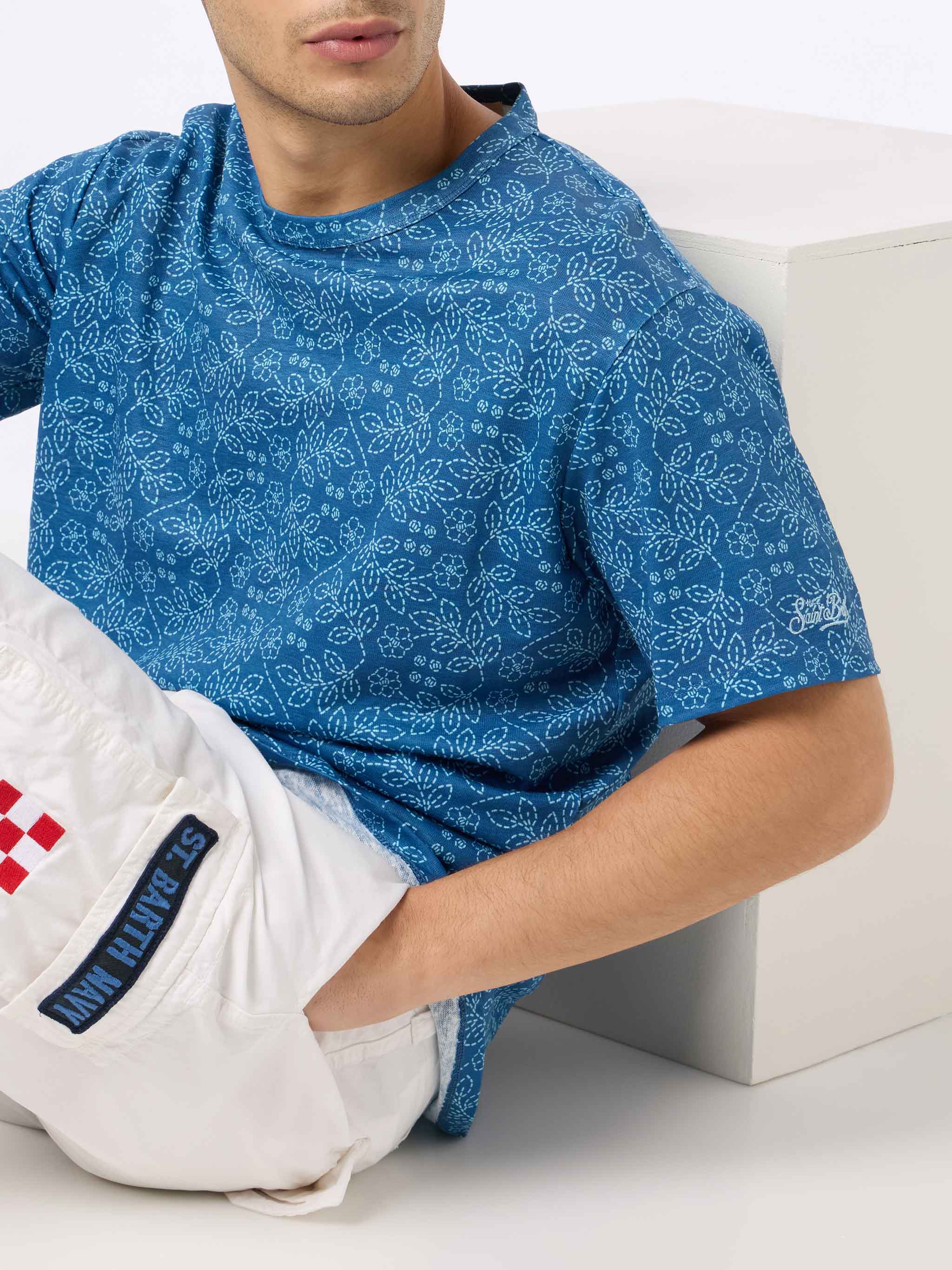 Camiseta de punto de lino azul para hombre de Ecstasea con estampado sashiko