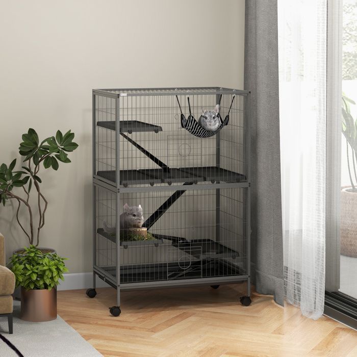 Cage pour rongeurs Pawhut Multifonction 4 Plateformes 3 rampes 4 Portes dim. 80L x 52l x 128H cm acier Gris argenté Noir