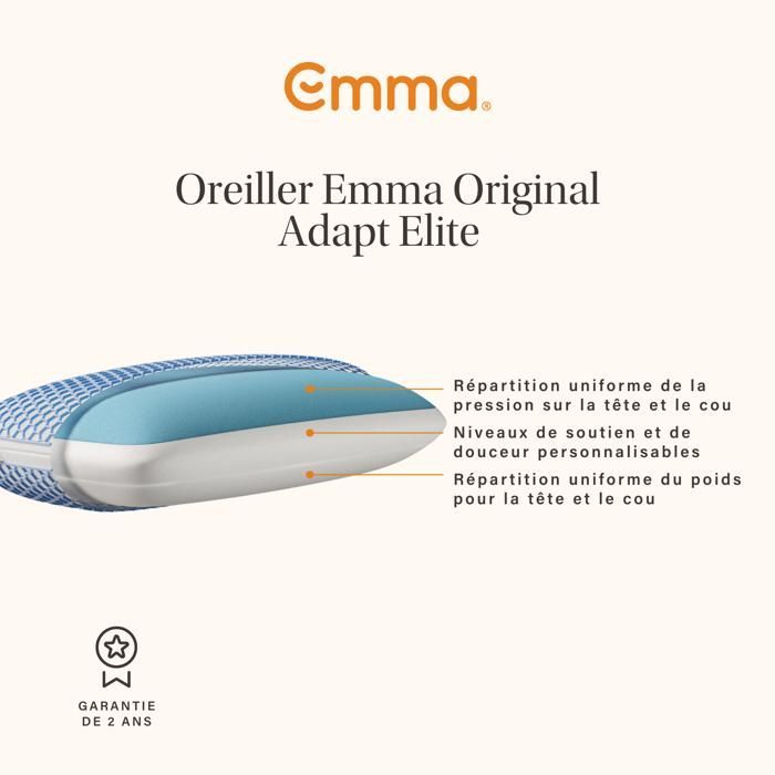 EMMA | Oreiller Emma Original Adapt Elite 40x70 cm | Mémoire de Forme Ergonomique | AirGrid® Ultra Respirant| Housse Lavable