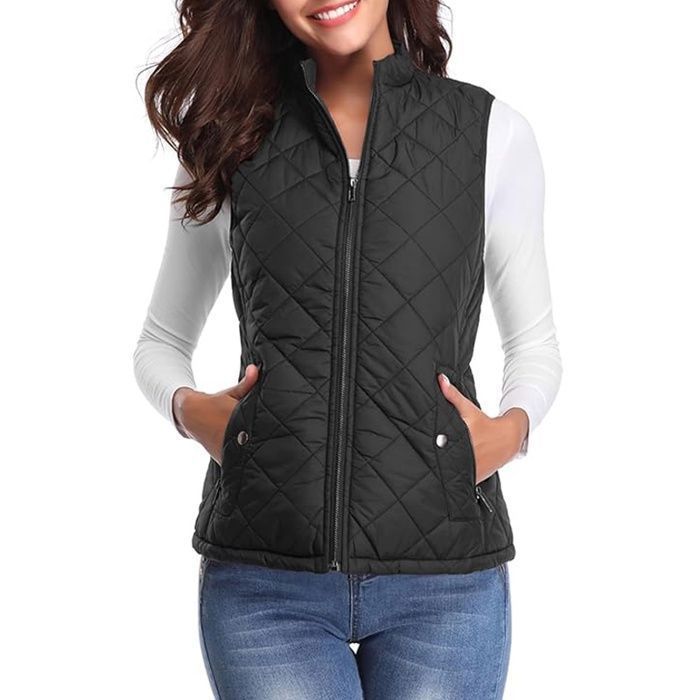 Chaleco sin mangas para mujer - Chaqueta de invierno con cremallera, chaleco acolchado ligero para invierno/otoño - Para viajes/trabajo - Negro