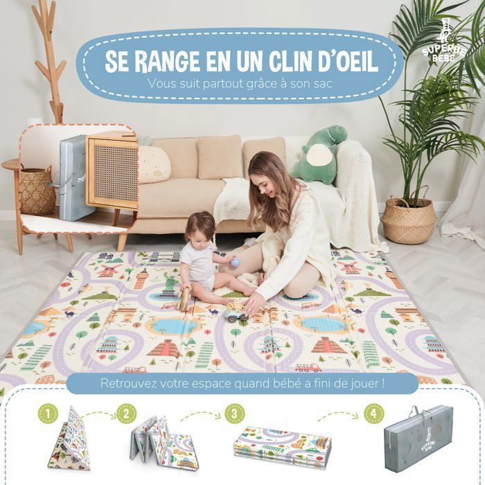 Omkeerbare en waterdichte opvouwbare speelmat - 200x180x1,5 cm | Schuimrubberen speelmat voor kinderen - MONUMENTS | SUPERB BABY