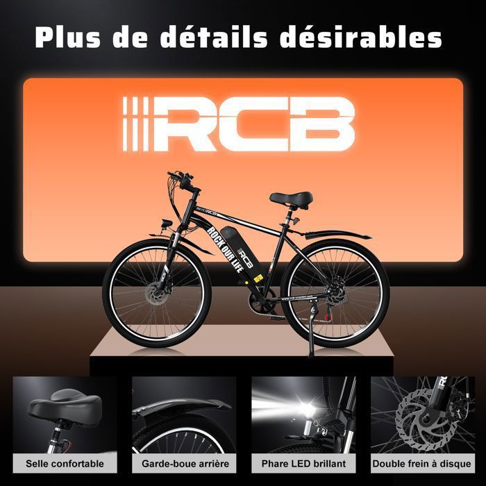 RCB Vélo Électrique 26 Pouces E-Bike Urbain Adulte,Moteur 350W,Batterie 36V/10.4Ah,7 Vitesses,Contrôle APP, Noir