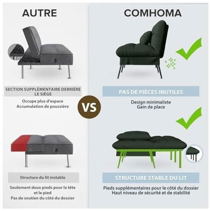 Divano letto trasformabile Plush, divano a 3 posti, stile moderno, gambe in metallo, 174 x 51 x 72 cm, verde