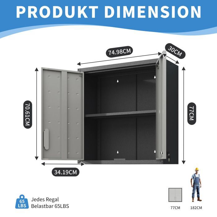 Armario metálico mural para herramientas - Mueble de almacenamiento para taller - 75x77x30 cm - 2 puertas con cerradura, estante ajustable, acero - Gris