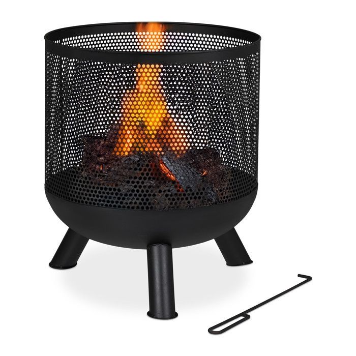 Relaxdays Fire Pit, Mesh Design, Fire Grate, Poker, Garden Fire Pit, Barbecue, Steel, H x D: 53 x 44 cm, Black