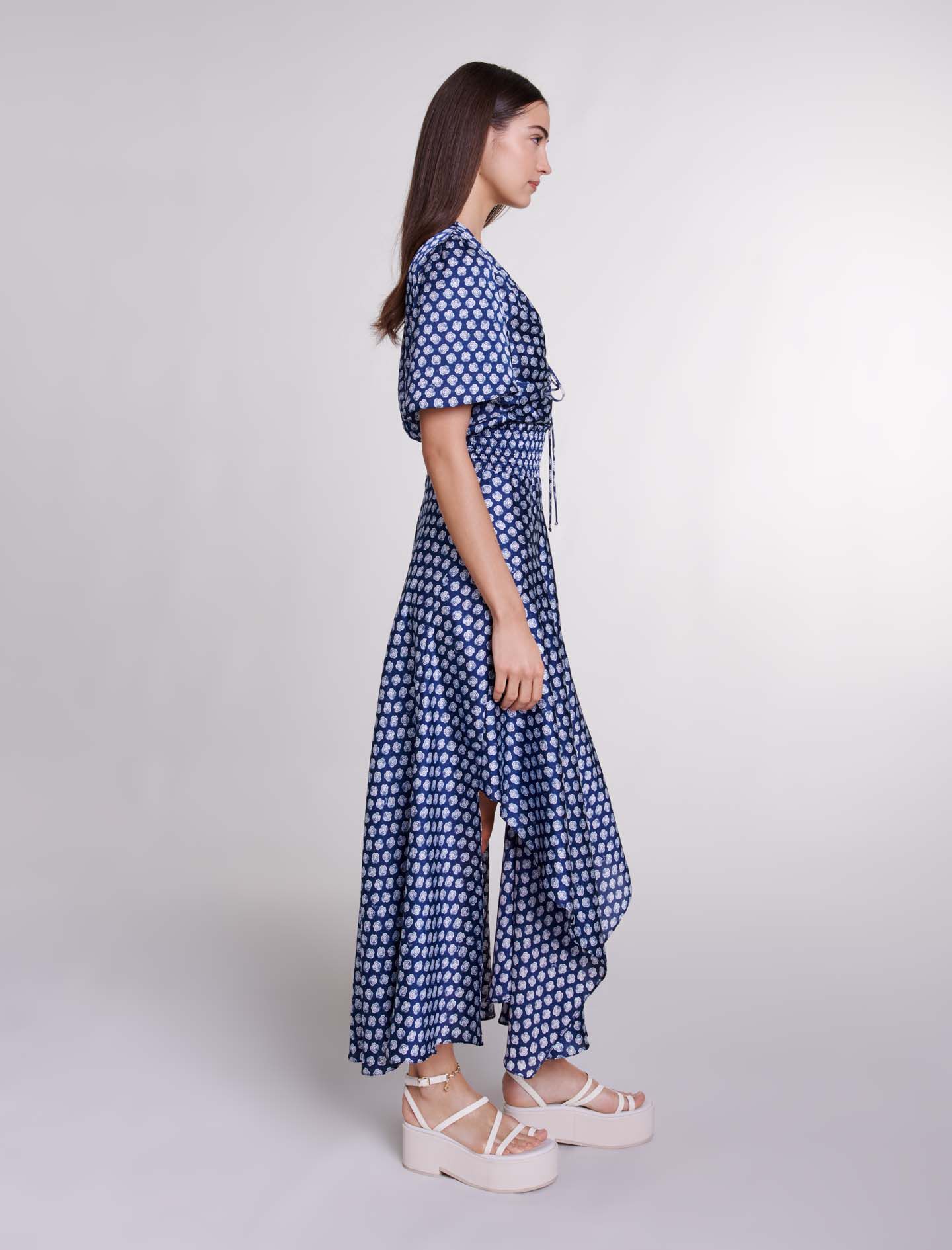 Rochie lungă cu imprimeu - Clover bleumarin/ecru