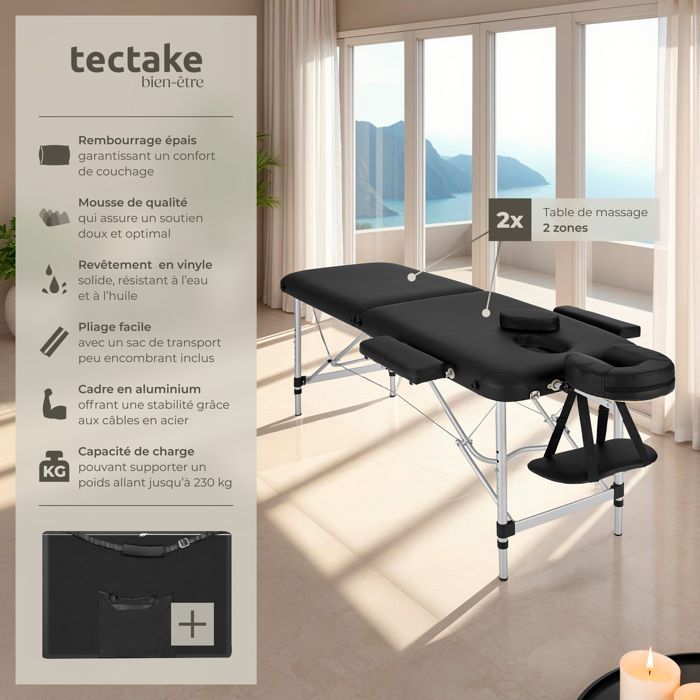 Camilla de tratamiento - TECTAKE - Camilla de masaje plegable portátil de 2 secciones con cubierta de aluminio resistente para una comodidad óptima - Negra