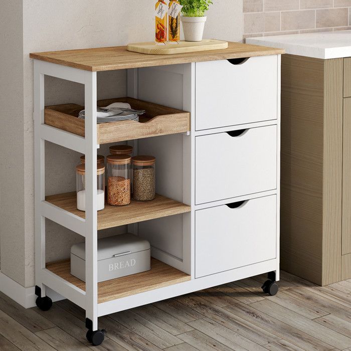 Carrinho de cozinha IDMARKET MUNA com 3 cestos + 1 bandeja removível, branco com efeito faia, C.76 cm