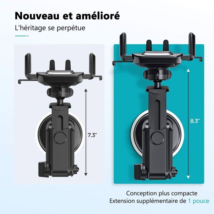 Suporte para celular veicular com ventosa giratória 360°, montagem no painel/para-brisa, universal para smartphones iPhone e Samsung.