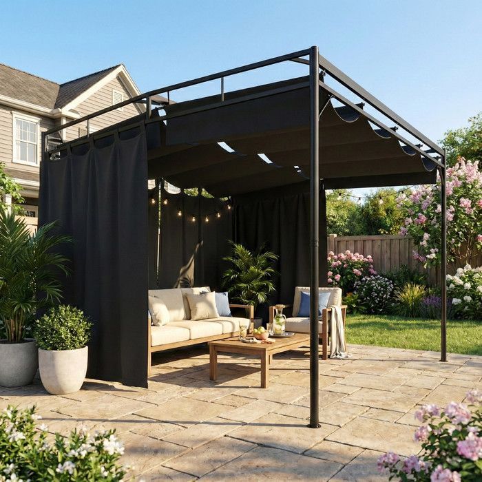 Pérgola de jardín - cenador de patio - Outsunny - techo retráctil, cortinas, sistema de poleas - metal - 3x3m - gris antracita
