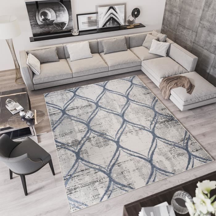 TAPISO Troya Tapis de Salon Chambre Design Moderne Marocain Tacheté Bleu Gris Doux Frise 200 x 300 cm