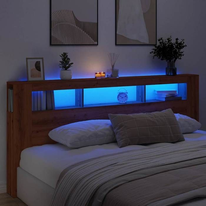 Cabecero LED - vidaXL - Roble artesanal - 220x18,5x103,5 cm - LED RGB - Madera de ingeniería - Conector USB