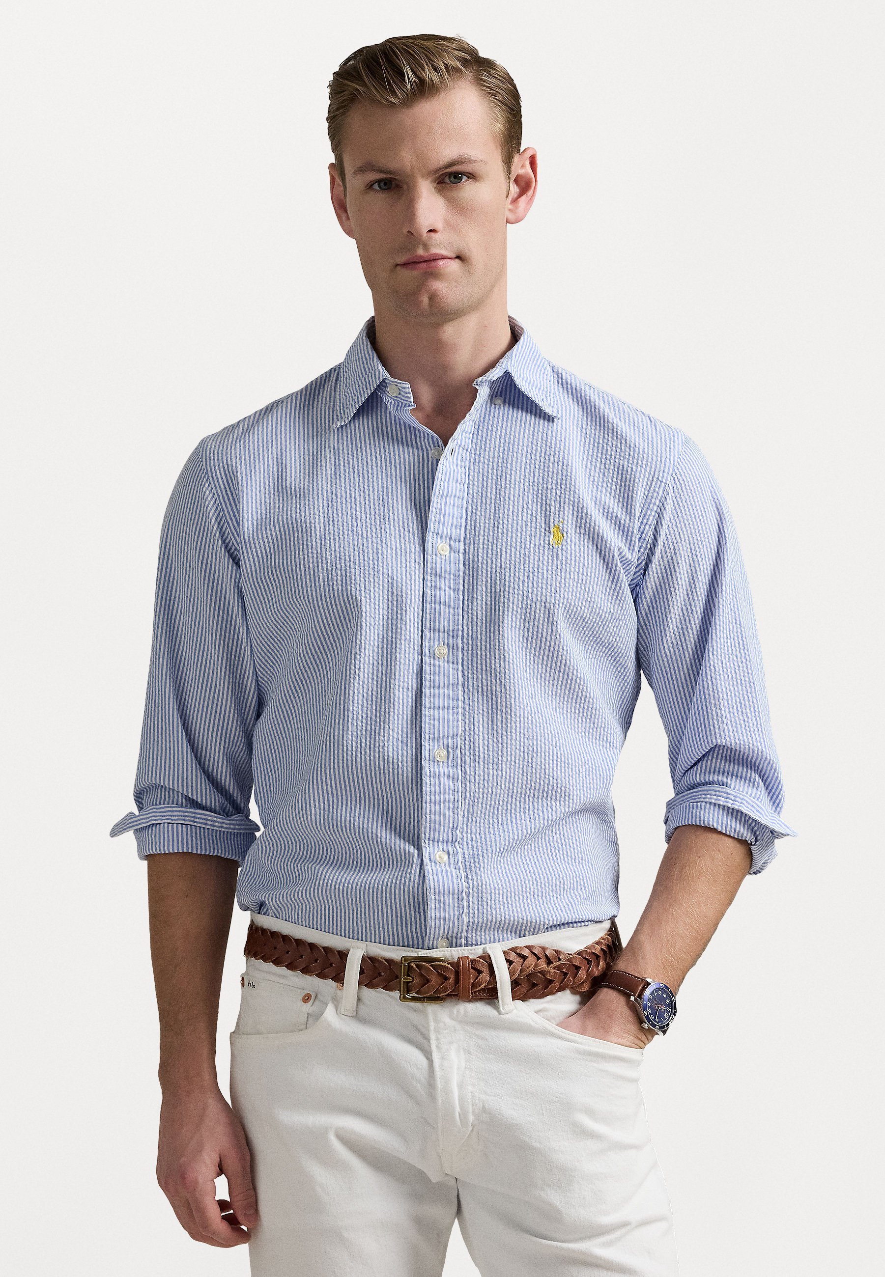 Camicia Polo Ralph Lauren a righe in seersucker, vestibilità personalizzata - Blu/bianco