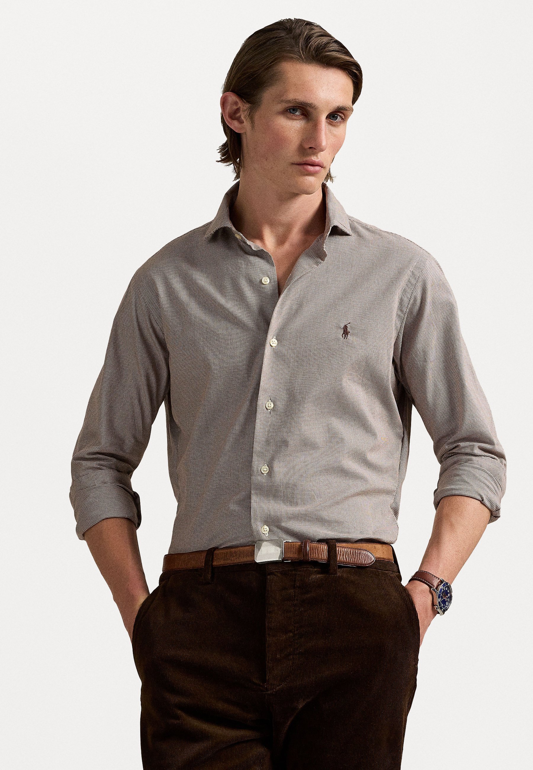 Chemise Polo Ralph Lauren coupe personnalisée en sergé à motif pied-de-poule - Crème/Marron