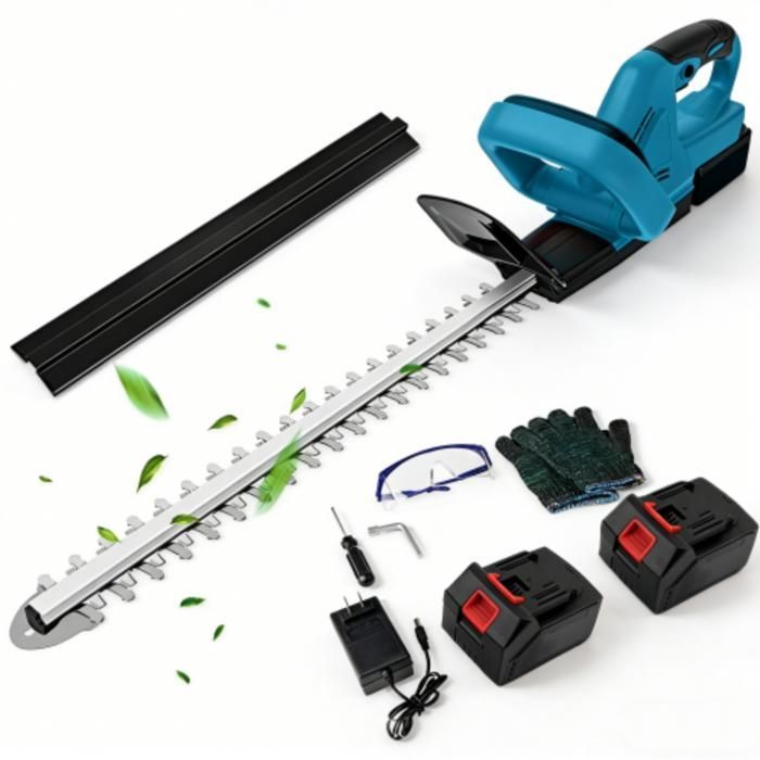 Cortasetos inalámbrico de 1500 RPM, funciona con batería, incluye 2 baterías y cargador, longitud de corte de 55 cm, ideal para jardín, césped y patio.