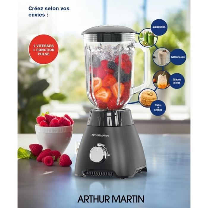Batidora - ARTHUR MARTIN - AMPB40 - Vaso de vidrio graduado de 1,5 L - 400 W - 2 velocidades + función de pulso - Gris