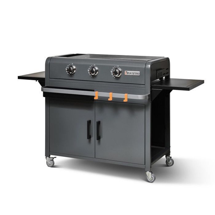 Lola Gun Metal Plancha Grill on Cart - Fire Pit - 3 Gas Burners - Stainless Steel Cooking Plate - 68.5 x 35.50 cm - 7.2 kW